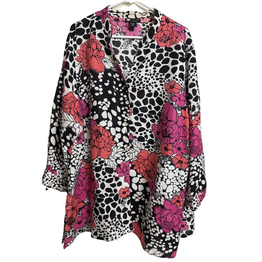 Vintage Linen Top Plus Size 3X Floral Bright Pink Button Up Shirt‎ Carole Little